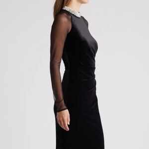 Eliza J Elegant Black velvet Evening Gown Size 12 Sheer Sleeve Ruched Waistline